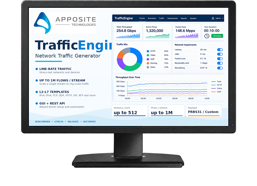 Apposite TrafficEngine — программный генератор сетевого трафика для тестирования производительности сетей и устройств